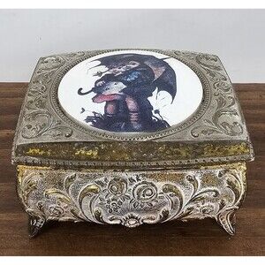 Vintage Farrington Hummel Gold Tone Rainy Day Small Hinged Footed Trinket Box